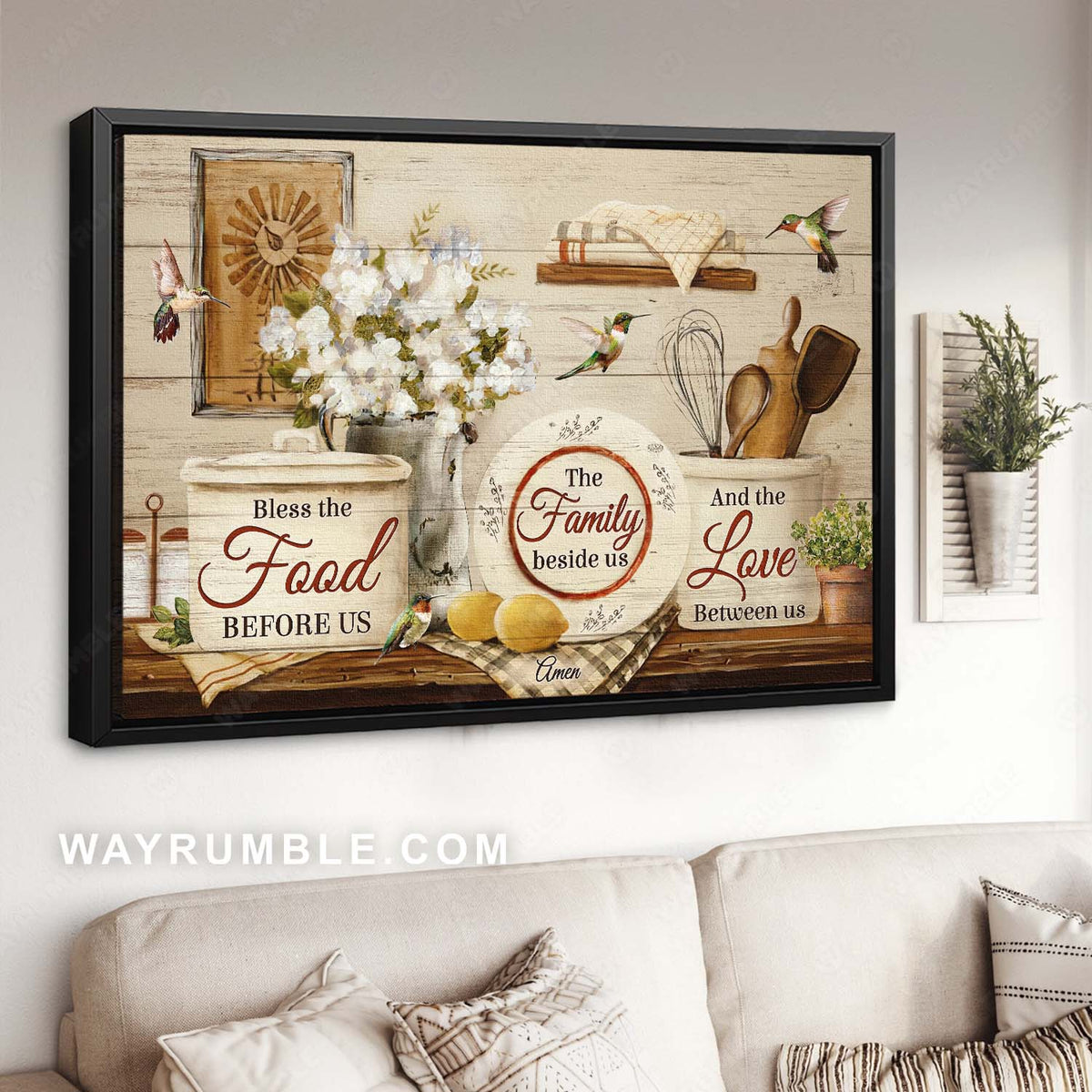 Hummingbird drawing, White flower, Rustic kitchen design, Bless the food before us - Jesus Landscape Canvas Prints, Home Decor Wall Art