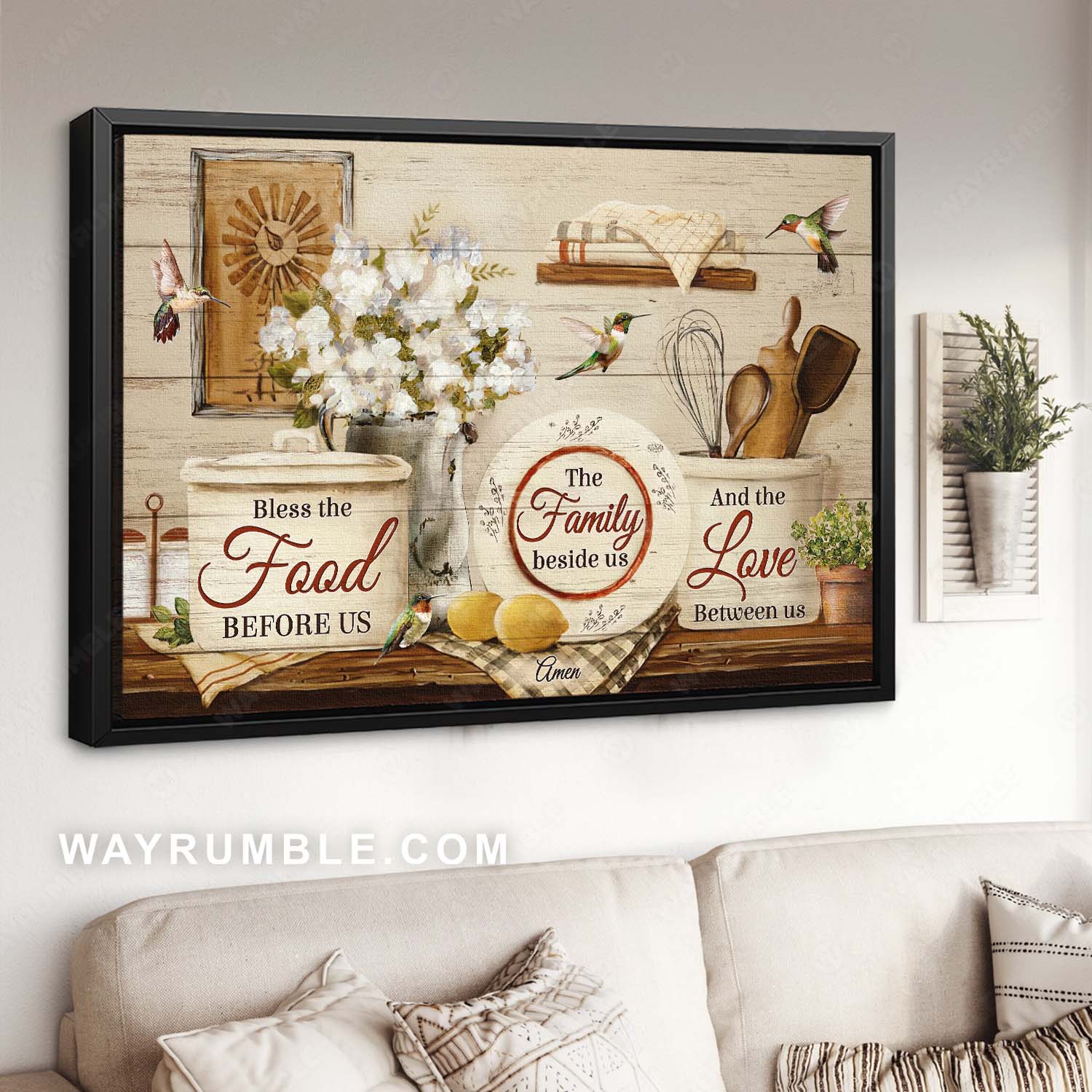 Hummingbird drawing, White flower, Rustic kitchen design, Bless the food before us - Jesus Landscape Canvas Prints, Home Decor Wall Art