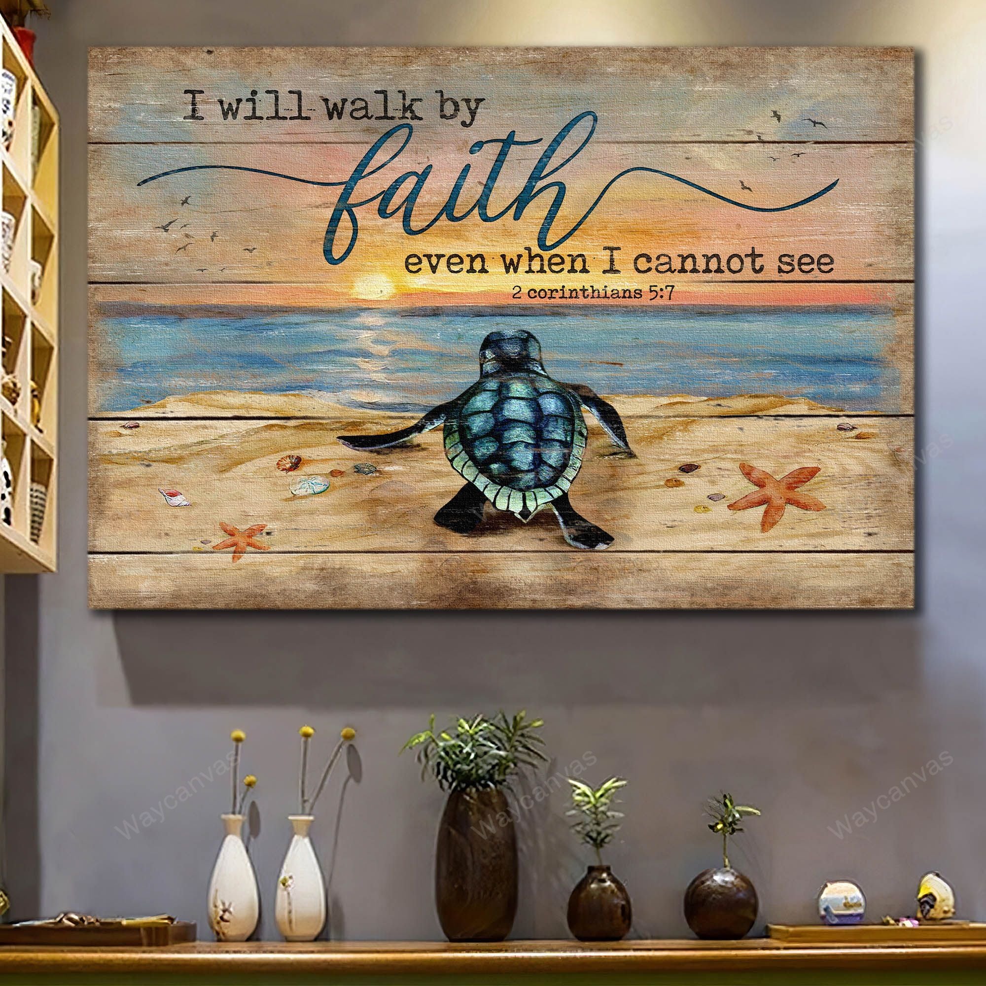 Sea turtle painting, Sand beach, I will walk by faith - Jesus Landscape Canvas Prints, Wall Art