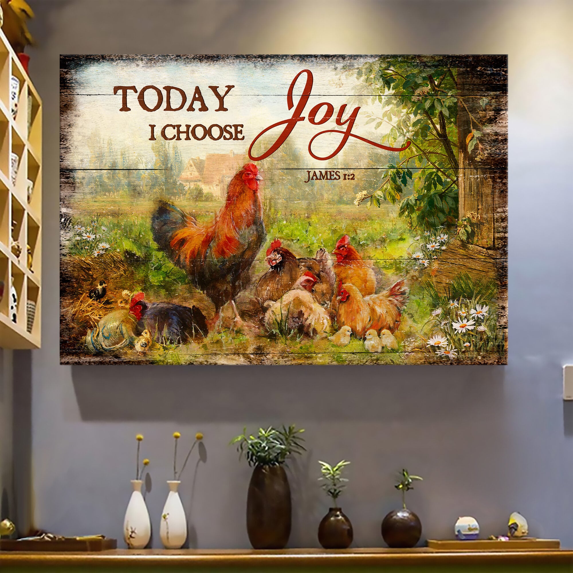 Chickens Family, Peaceful farm, Today I choose joy - Jesus Landscape Canvas Prints, Wall Art