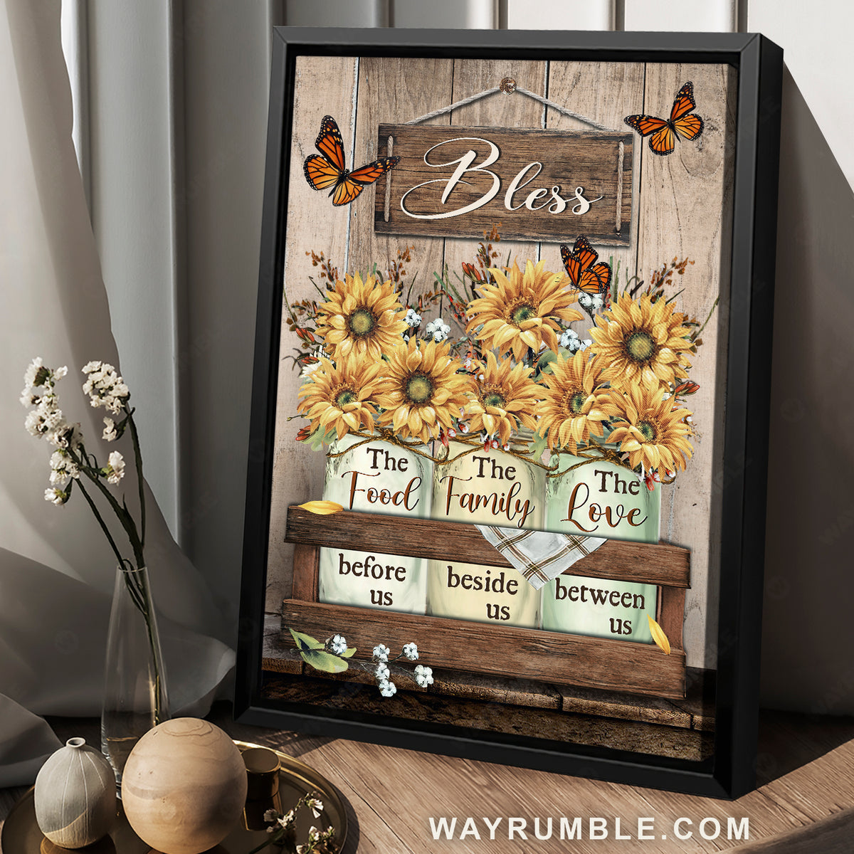 Gorgeous sunflower jar, Lovely monarch butterfly, Bless the family beside us - Jesus Portrait Canvas Prints, Christian Wall Art