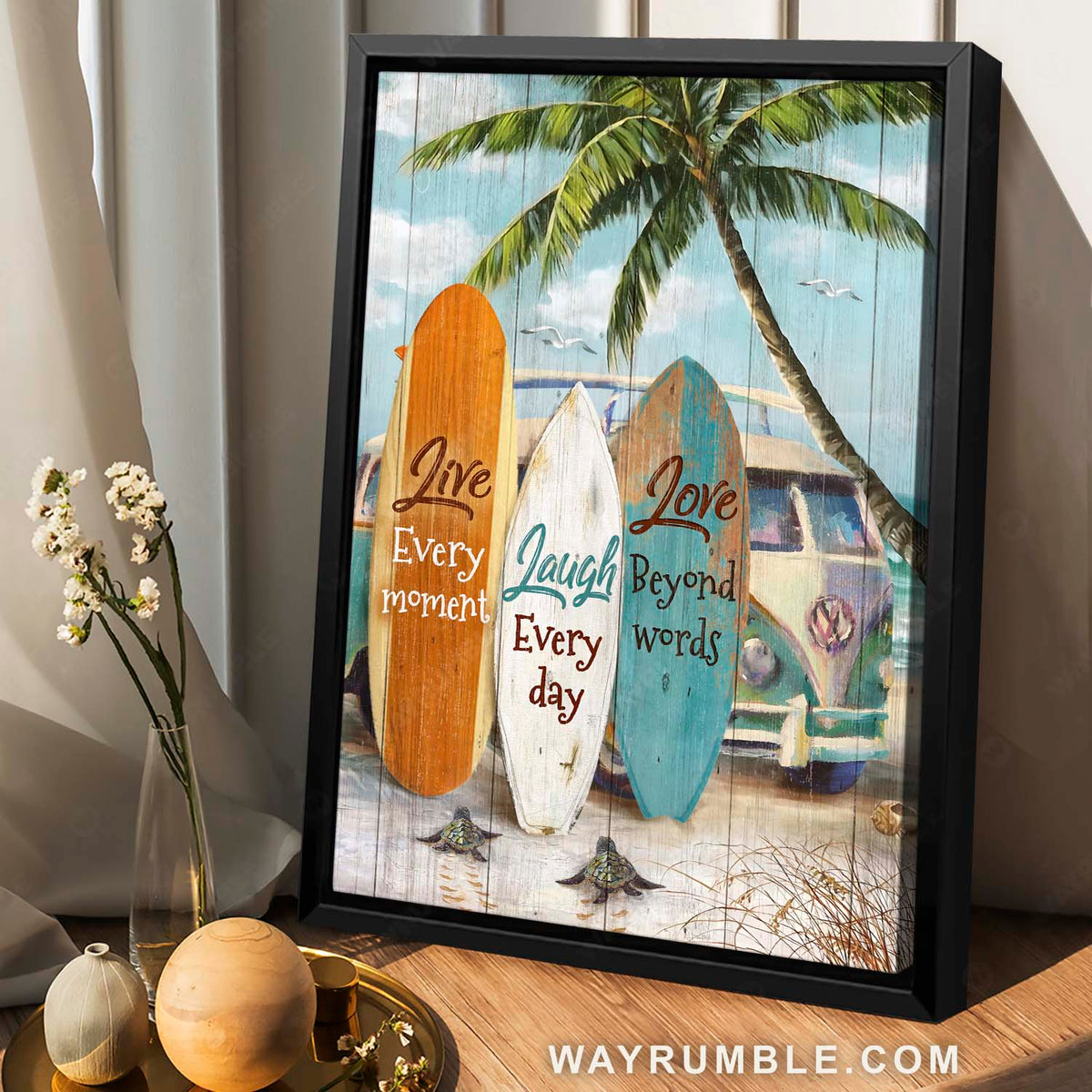 Awesome beach, Little sea turtle, Colorful surfboard, Live every moment - Jesus Portrait Canvas Prints, Christian Wall Art