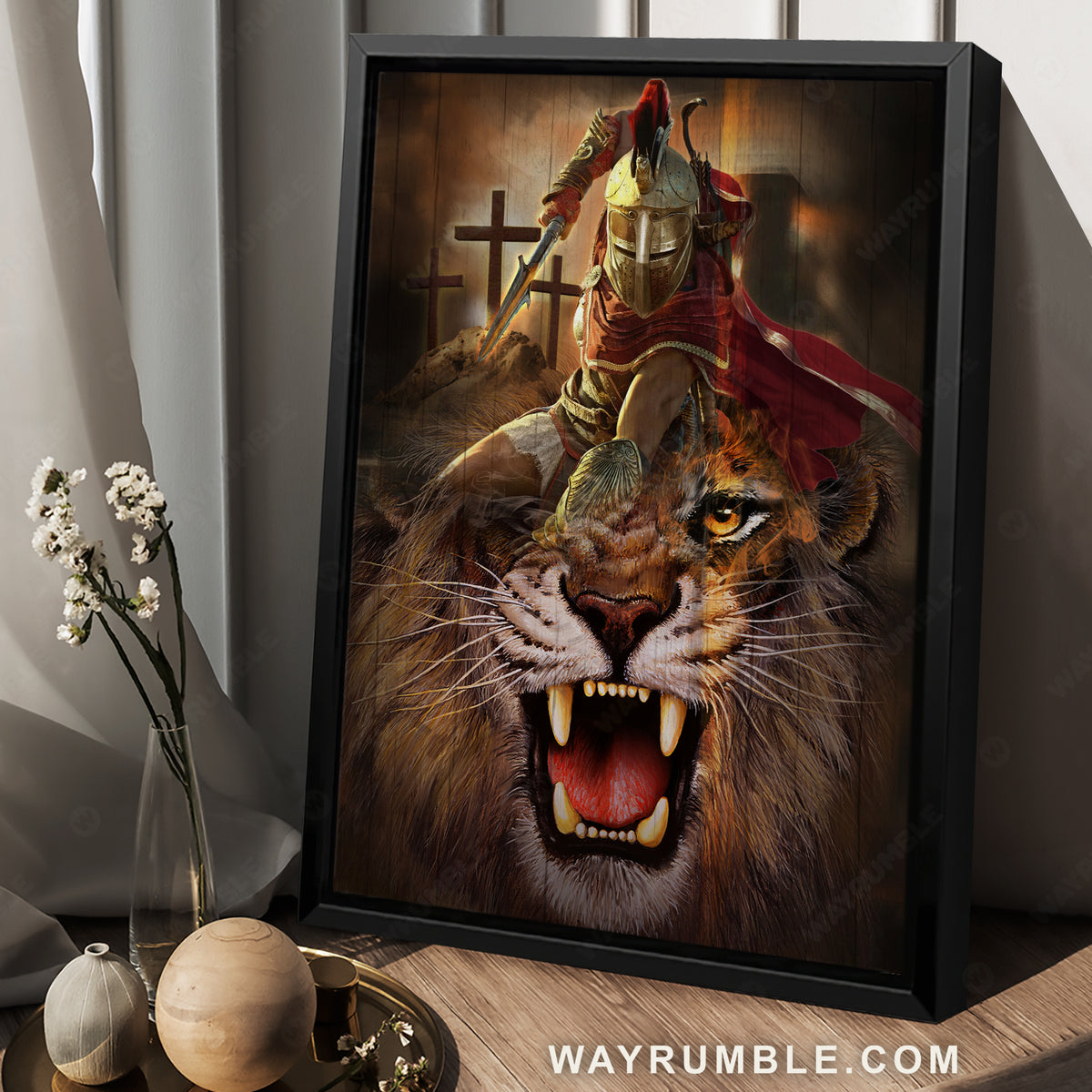 Fantastic warrior of God, Three wooden crosses, Great Lion of Judah painting - Jesus Portrait Canvas Prints, Christian Wall Art