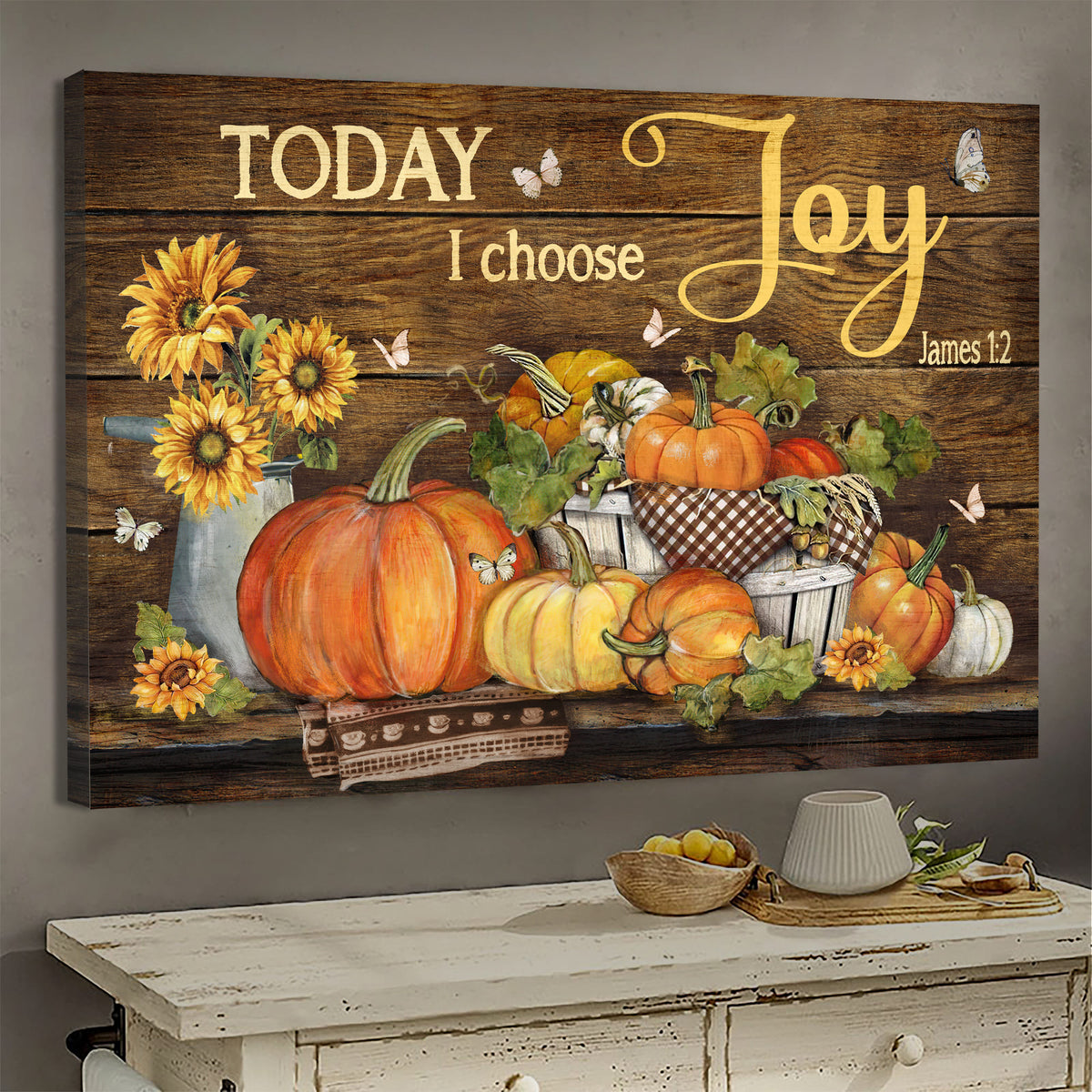 Pumpkins, Sunflower, Butterfly, Today I choose joy - Jesus Landscape Canvas Prints, Wall Art