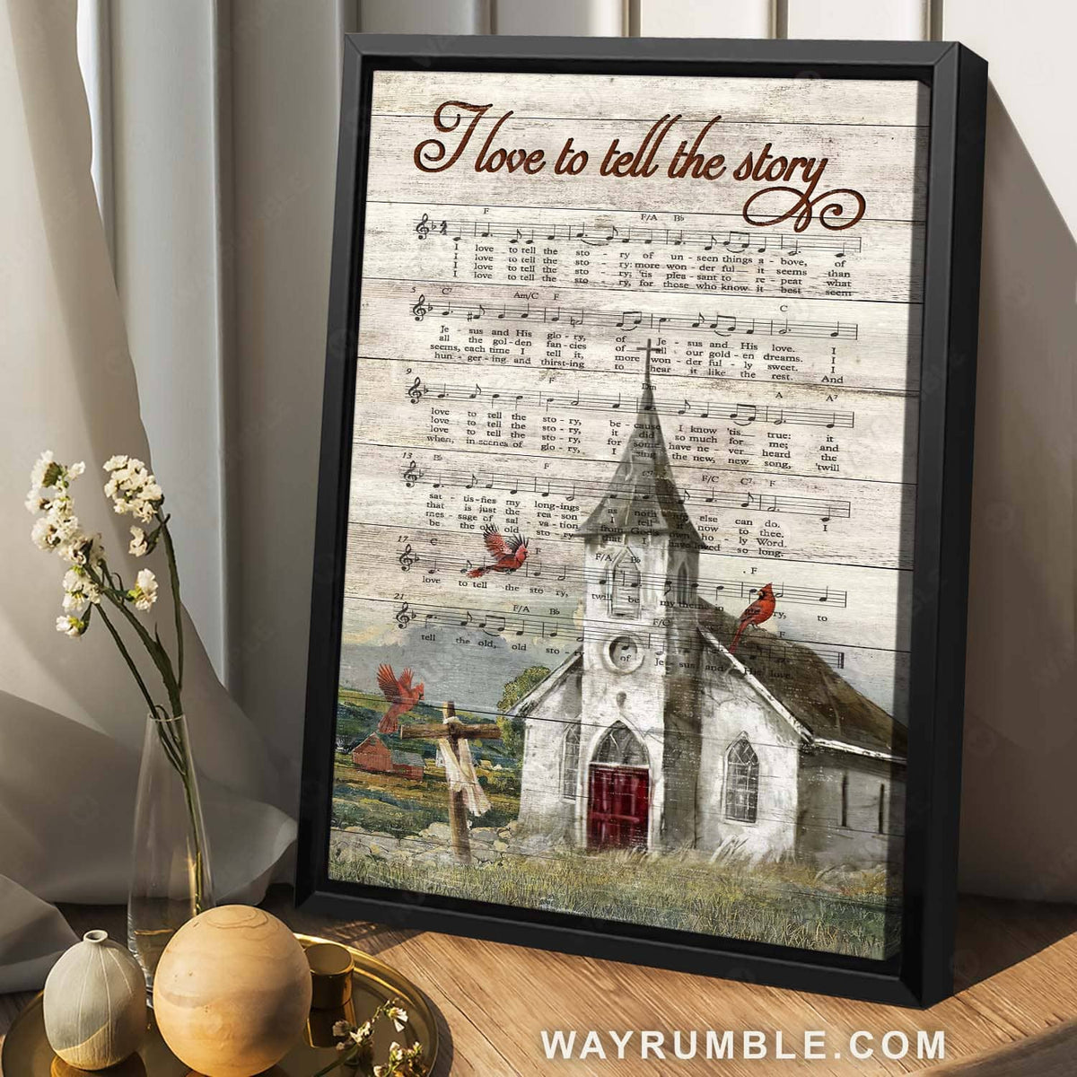 Old church, Red cardinal, Wooden cross, Great song, I love to tell the story - Jesus Portrait Canvas Prints, Christian Wall Art