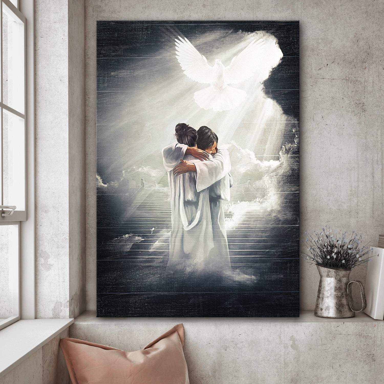Jesus hugging woman, Mystic light, Dove - Jesus Portrait Canvas Prints, Wall Art