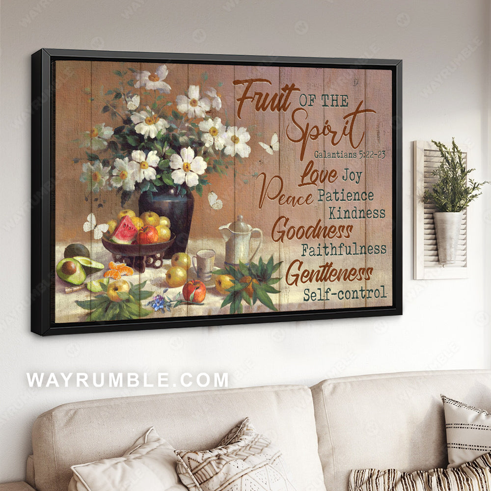 Fruit drawing, White flower vase, Inspirational quote, Fruit of the spirit - Jesus Landscape Canvas Prints, Home Decor Wall Art