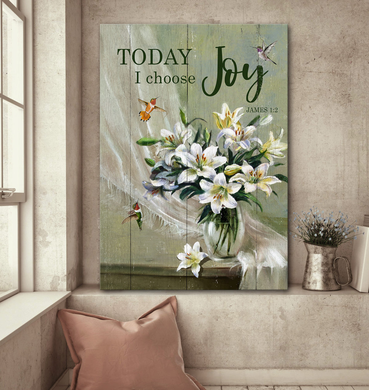 Lily Flower vase, Hummingbird, Today I choose joy - Jesus Portrait Canvas Prints, Wall Art