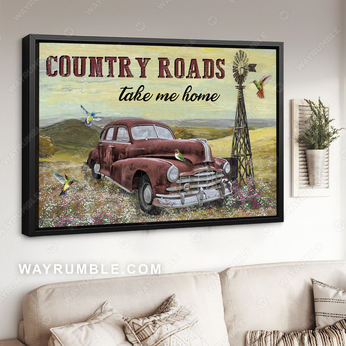 Hummingbird, Old red car, Windmill on meadow, Country roads take me home - Jesus Portrait Canvas Prints, Christian Wall Art