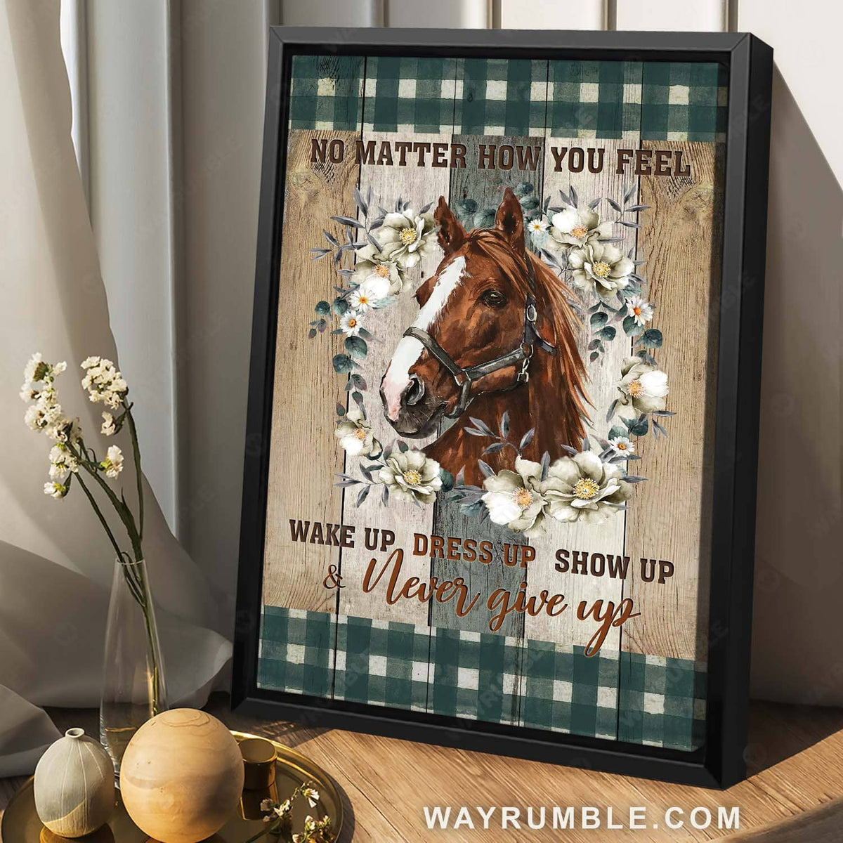 Brown horse painting, White flower wreath, Wake up, dress up, and never give up - Jesus Portrait Canvas Prints, Home Decor Wall Art