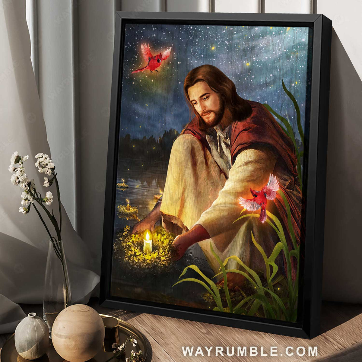 Jesus painting, Red cardinal, Advent candles, In a wonderful night full of stars - Jesus Portrait Canvas Prints, Christian Wall Art