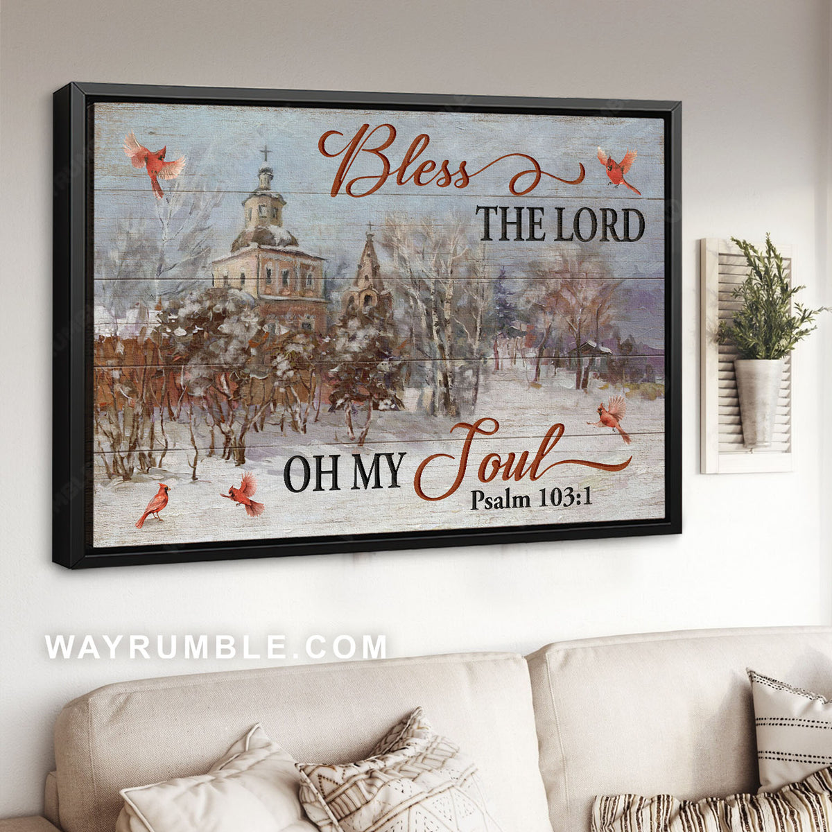Catholic church, Snowfall drawing, Red cardinal, Bless the Lord, Oh my soul - Jesus Landscape Canvas Prints, Home Decor Wall Art