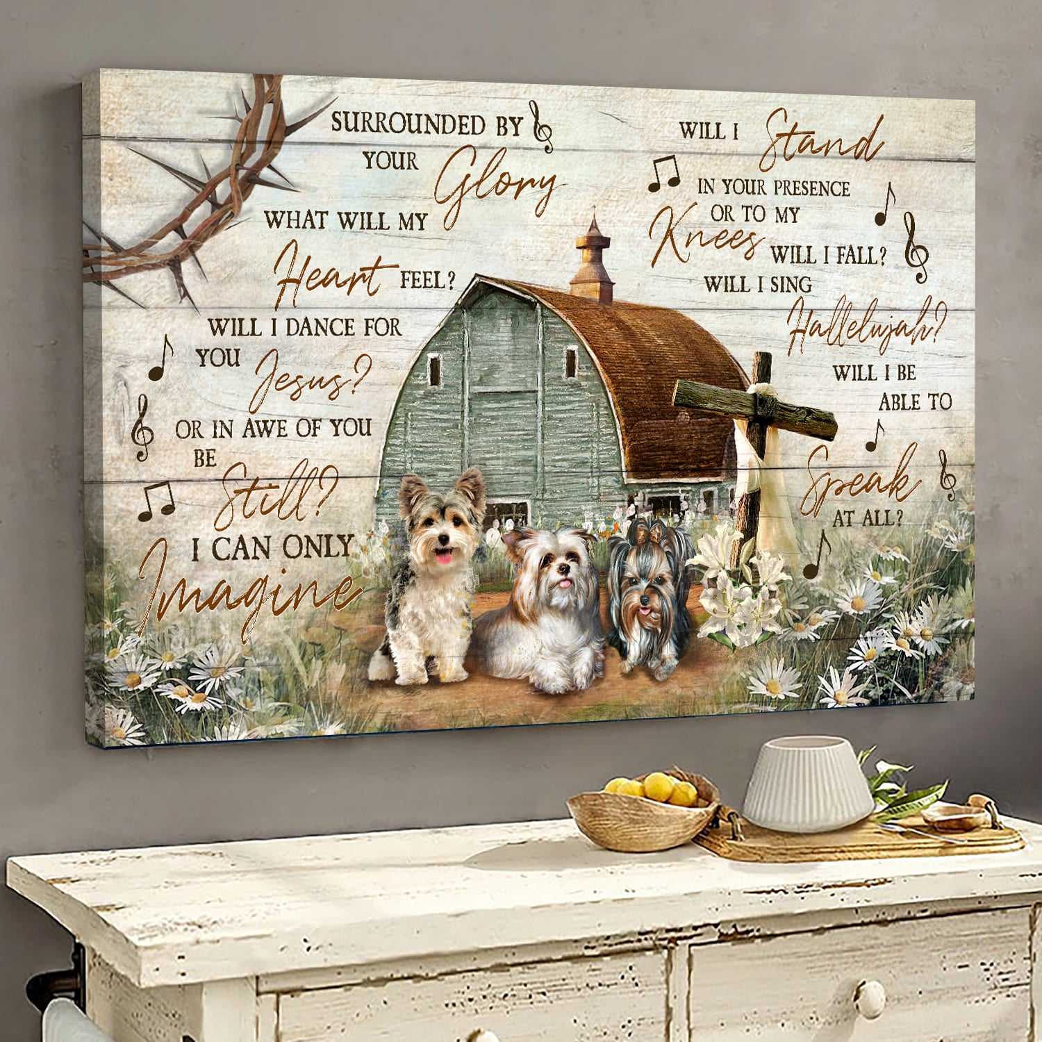 Yorkshire dog, Wooden cross, Vintage house, I can only imagine - Jesus Landscape Canvas Prints, Wall Art