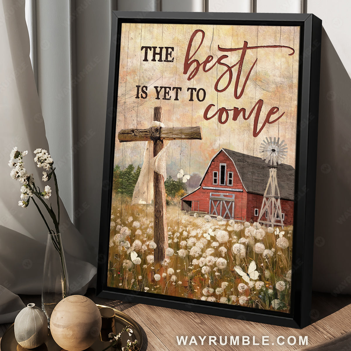 Dandelion field, Wooden cross, Red barn, White butterfly, The best is yet to come - Jesus Portrait Canvas Prints, Christian Wall Art