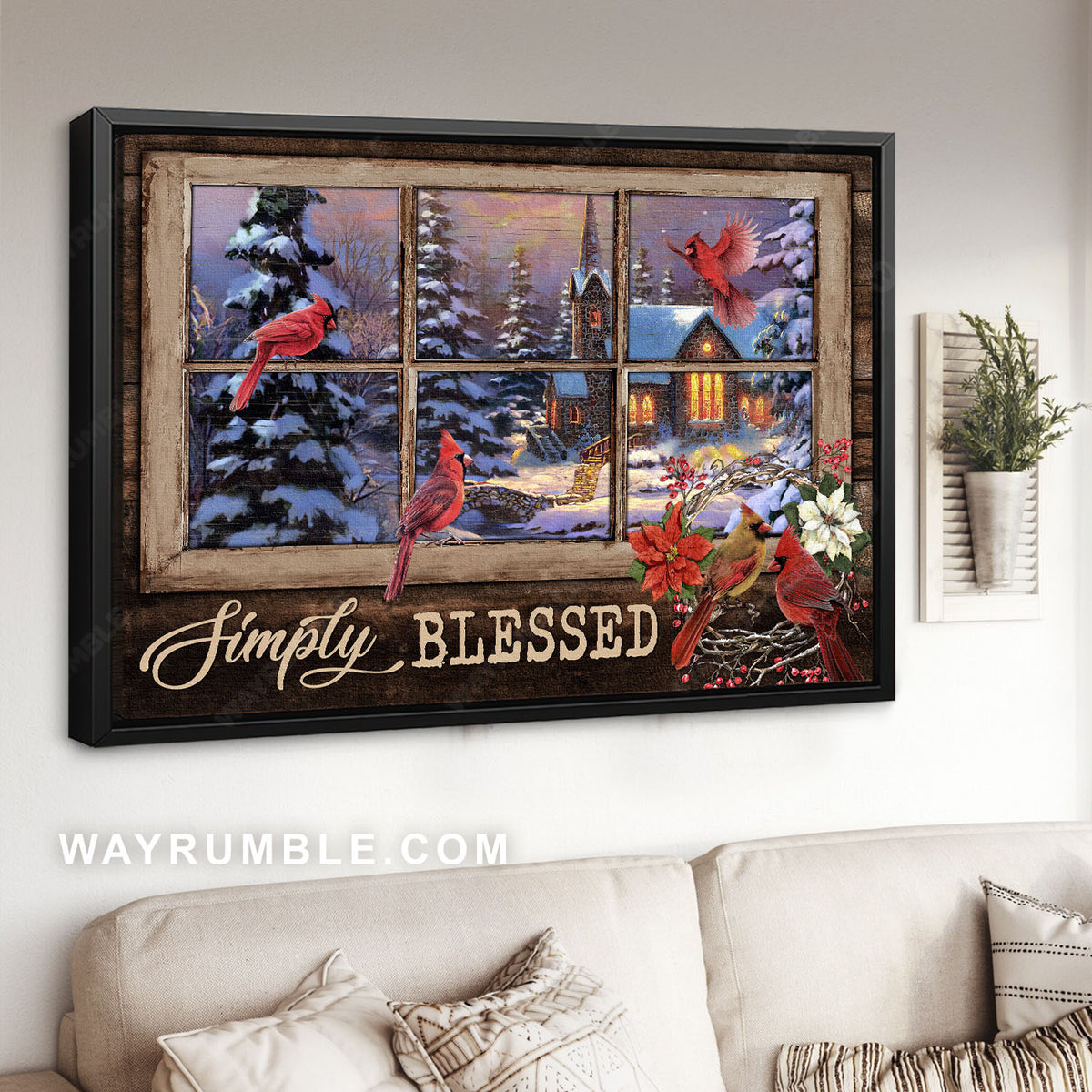 Christmas eve, Red cardinal, Snowy village, Simly blessed - Jesus Landscape Canvas Prints, Home Decor Wall Art