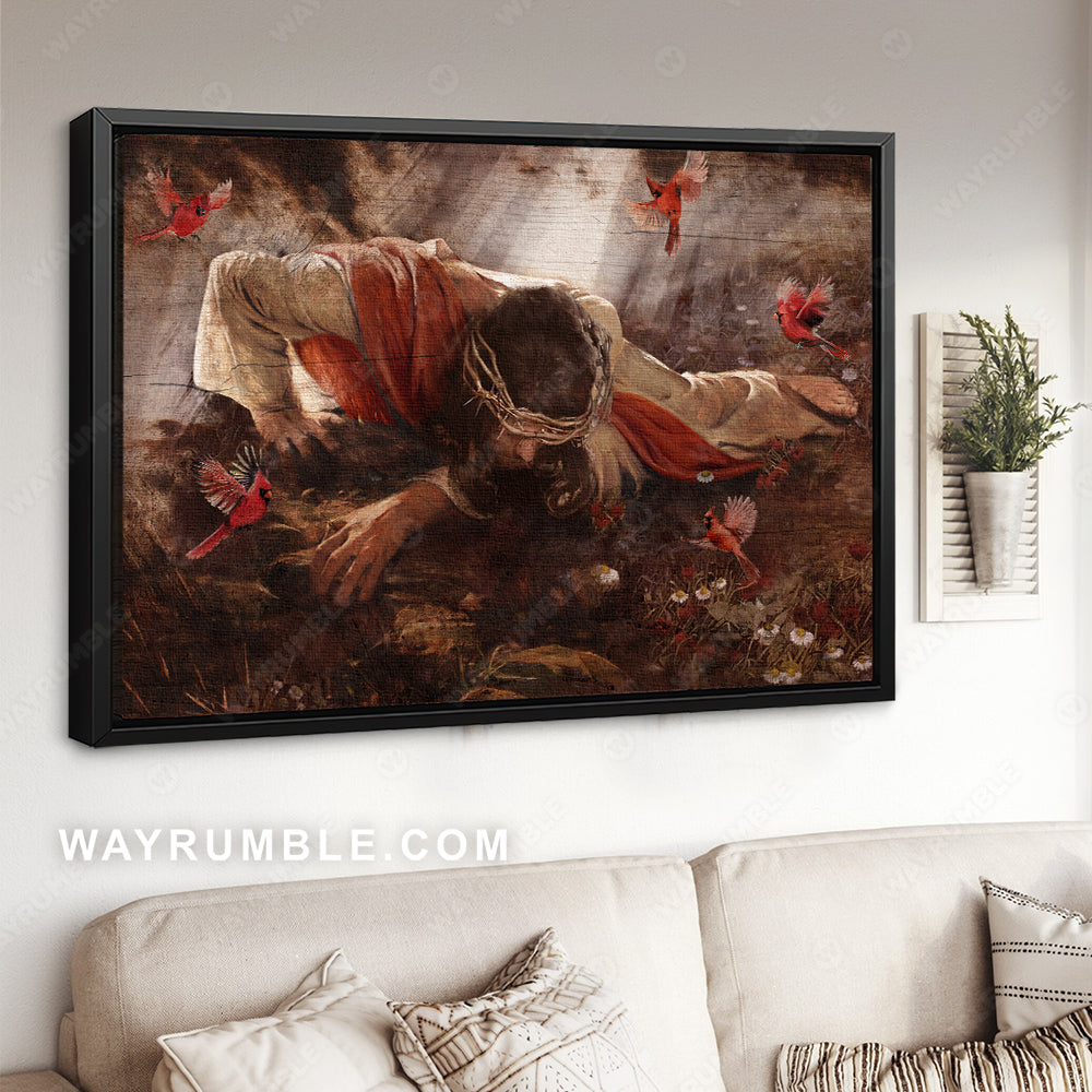 Red cardinal, Jesus painting, Daisy flower, Crown of thorns, In the darkness - Jesus Landscape Canvas Prints, Christian Wall Art