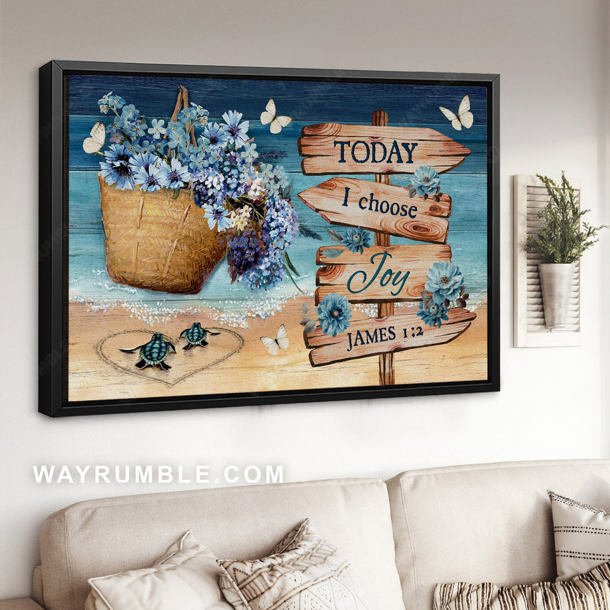Blue flowers, Sea turtles, White butterfly, Beach painting, Today I choose you - Jesus Landscape Canvas Prints, Home Decor Wall Art
