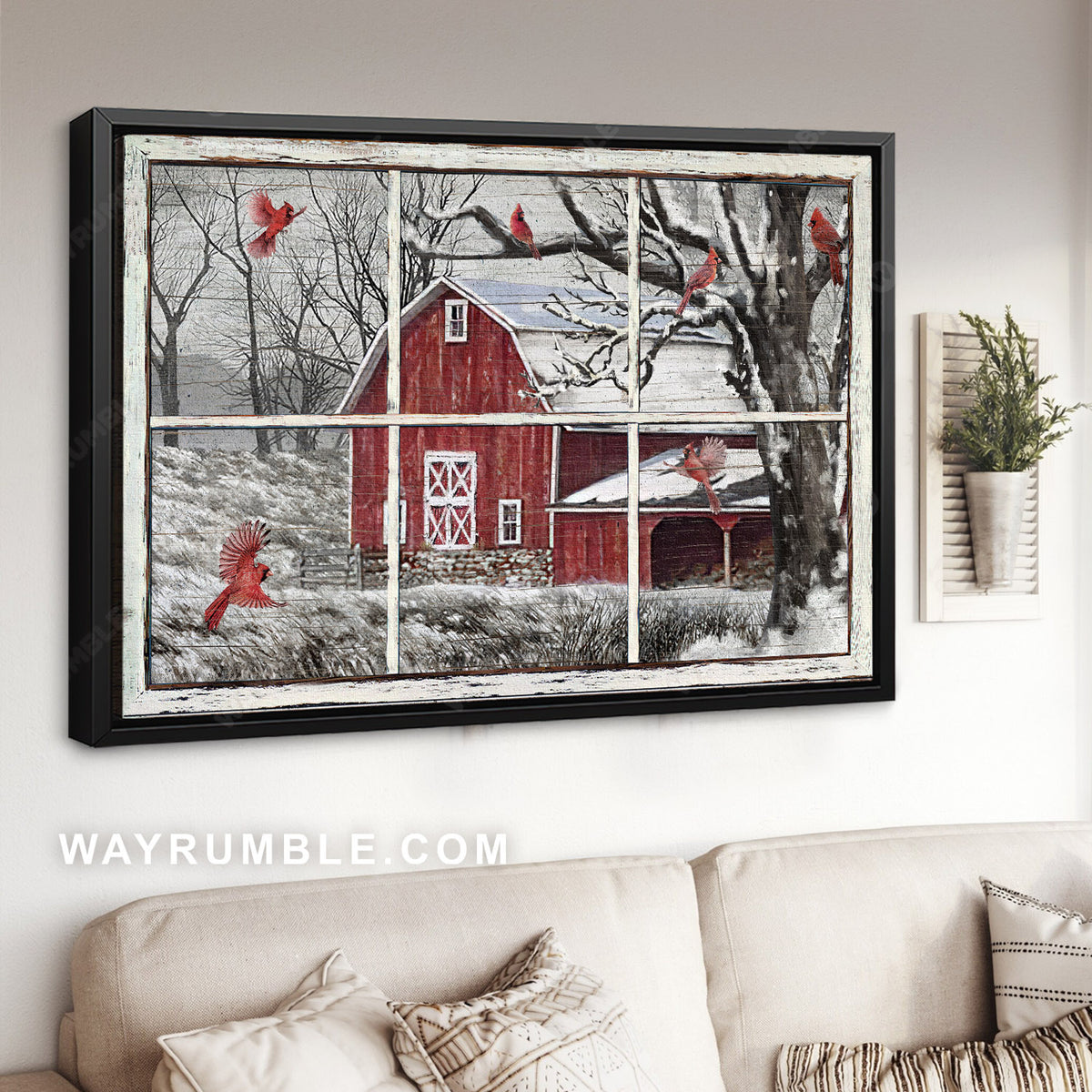 Amazing red cardinal, Rustic farmhouse, Snowy farm, Winter season - Jesus Landscape Canvas Prints, Home Decor Wall Art