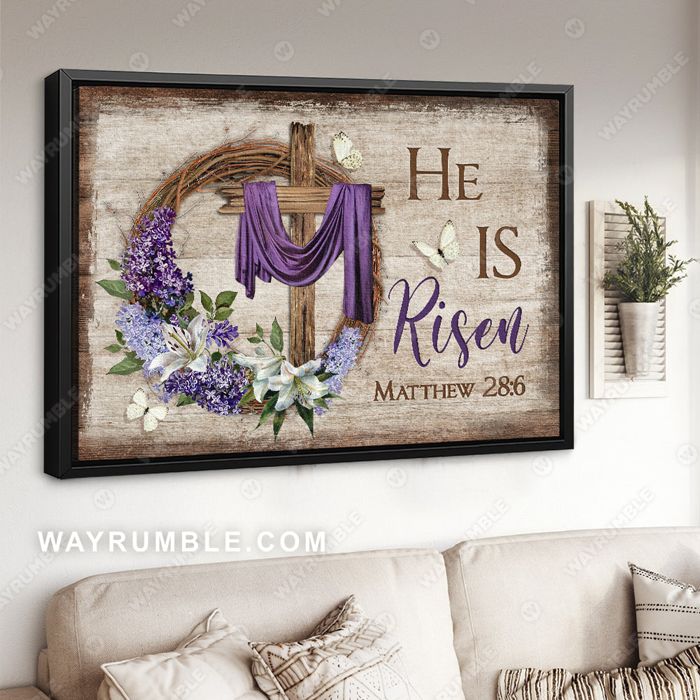 Awesome cross, White butterfly, Floral wreath, He is risen - Jesus Landscape Canvas Prints, Christian Wall Art