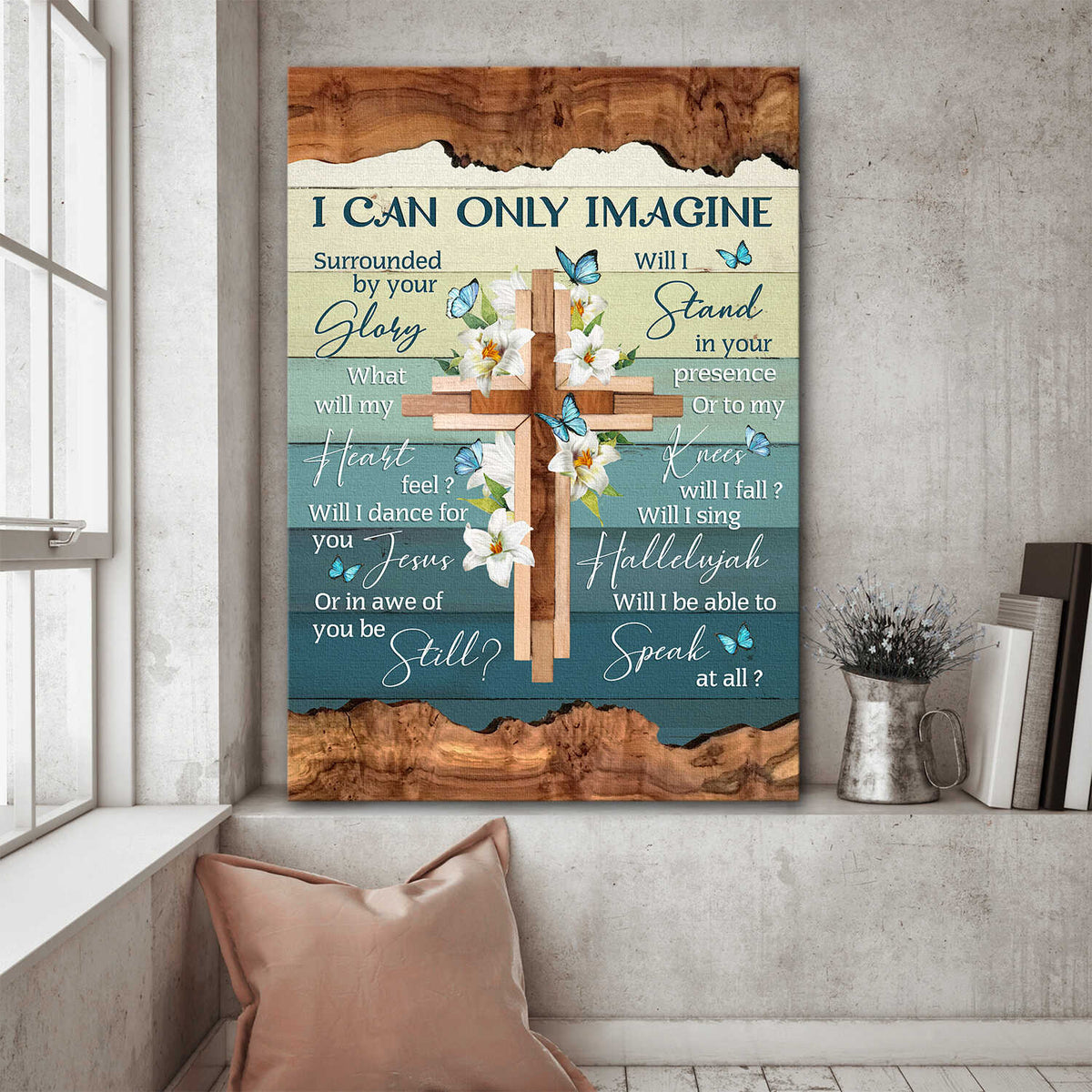 Wooden Cross, White lilies, I can only imagine - Jesus Portrait Canvas Prints, Wall Art 