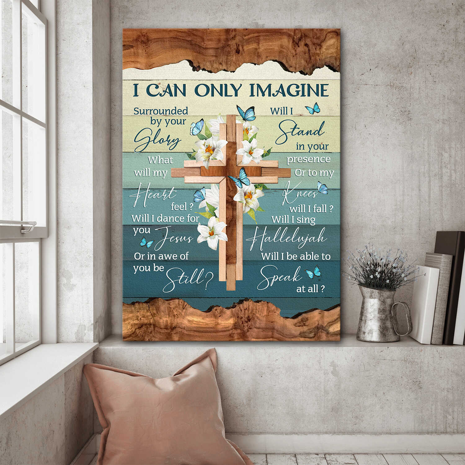 Wooden Cross, White lilies, I can only imagine - Jesus Portrait Canvas Prints, Wall Art 