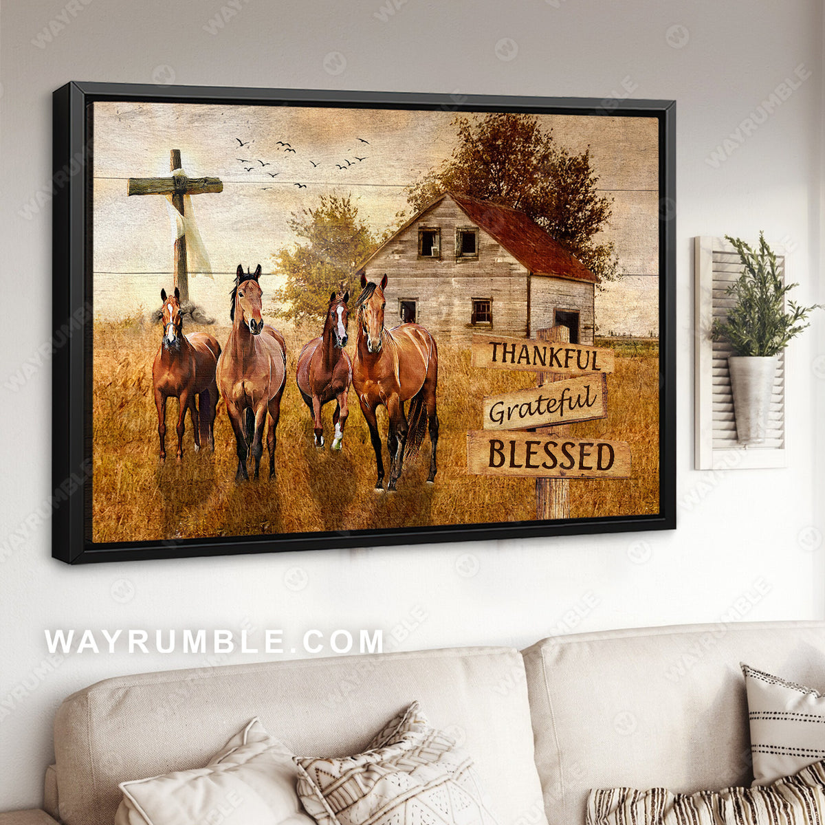 Horse on farm, Old rugged cross, Beautiful sunset, Thankful, grateful, blessed - Jesus Landscape Canvas Prints, Christian Wall Art