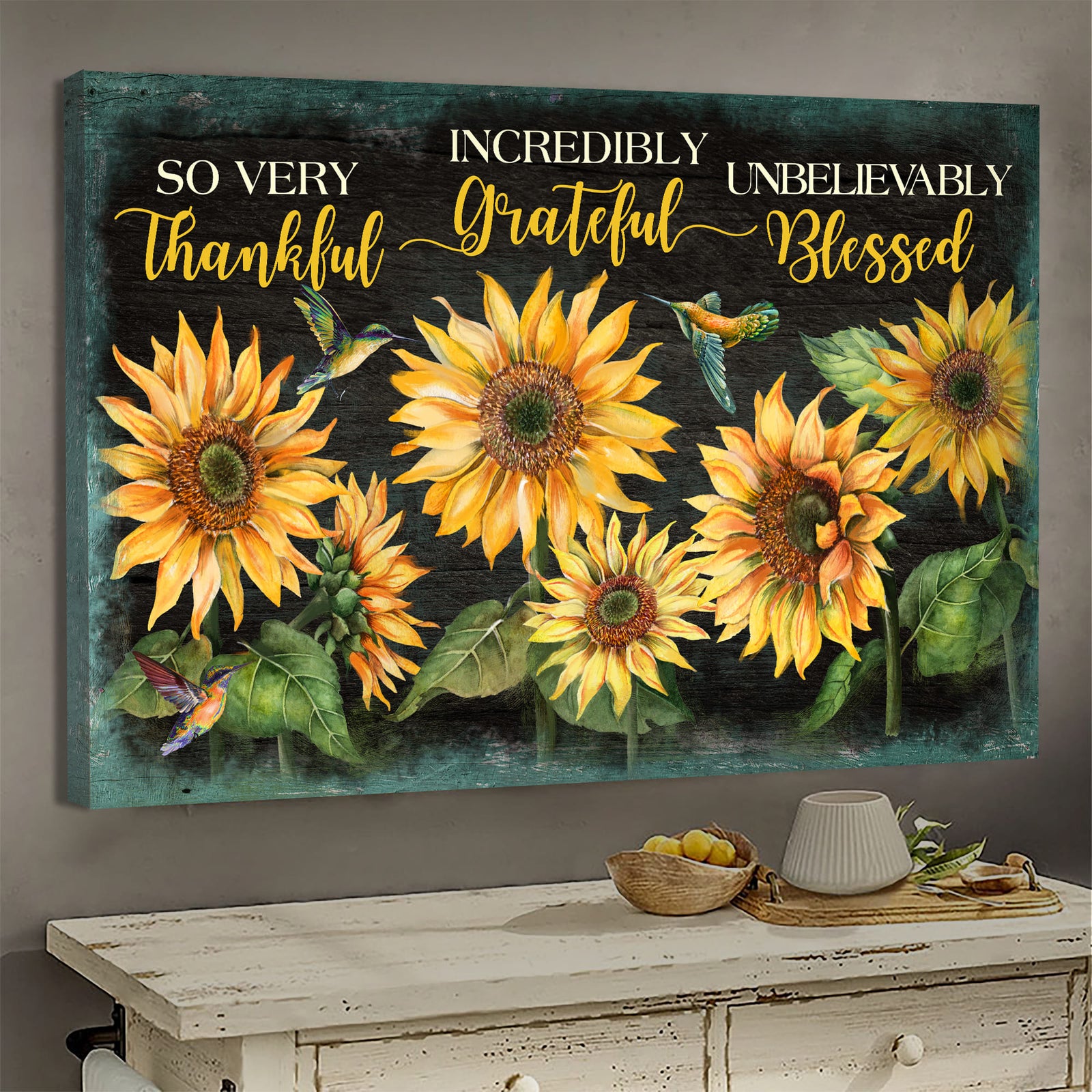 Sunflower, Hummingbird, Thankful, grateful, blesses - Jesus Landscape Canvas Prints, Wall Art
