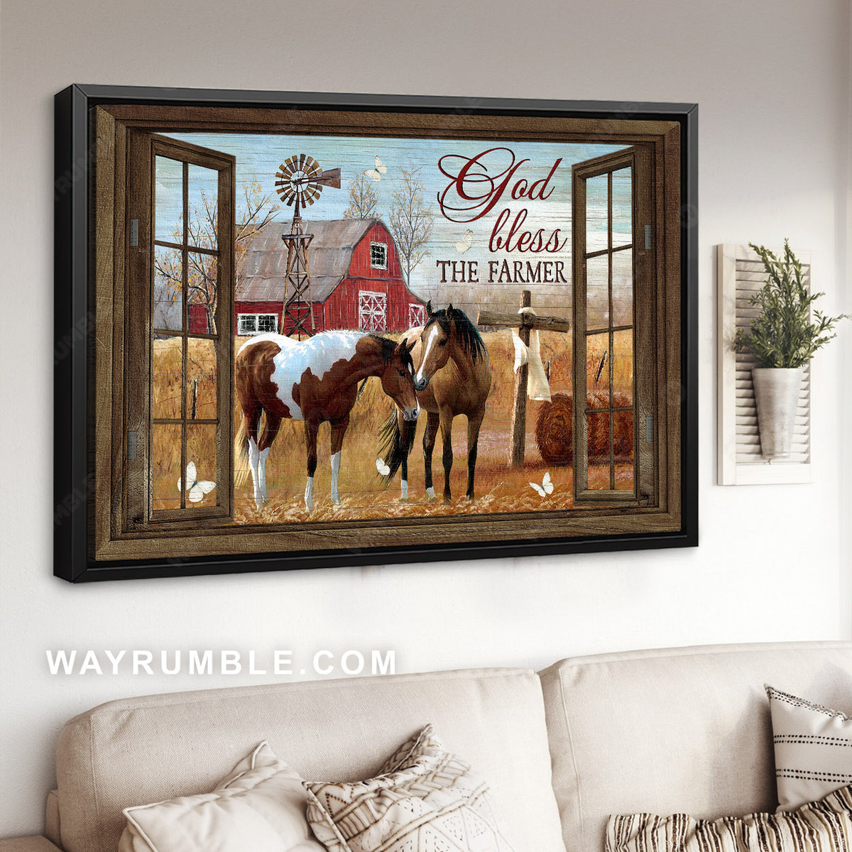 Brown horse, Wooden cross, Red barnhouse, God bless the farmer - Jesus Landscape Canvas Prints, Home Decor Wall Art