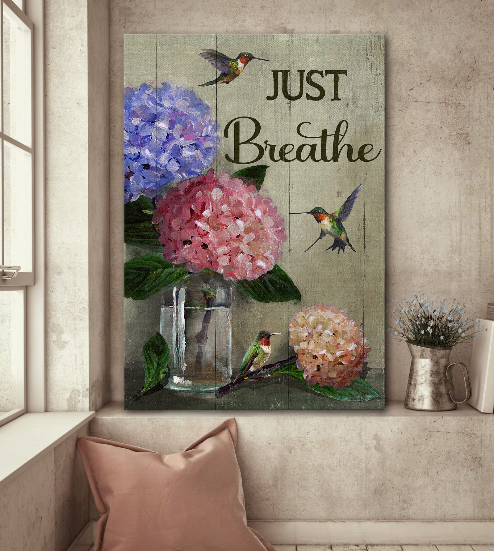 Hydrangea, Hummingbird, Still Painting, Just breathe - Jesus Portrait Canvas Prints, Wall Art