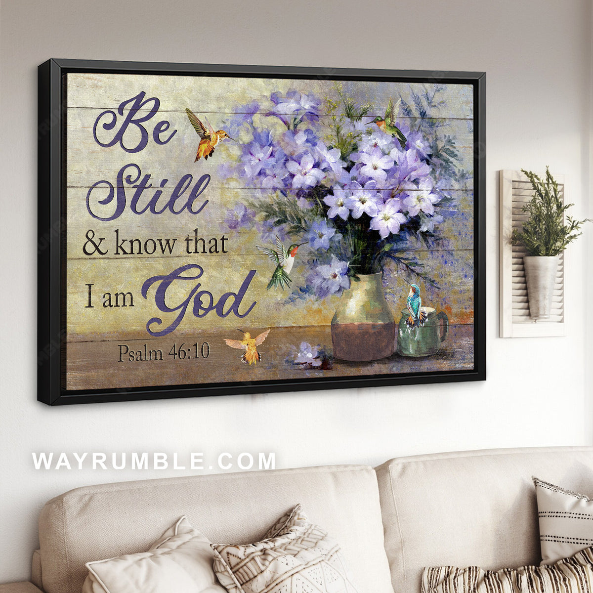 Hummingbird drawing, Purple flower, Still art, Be still &amp; know that I am God - Jesus Landscape Canvas Prints, Home Decor Wall Art