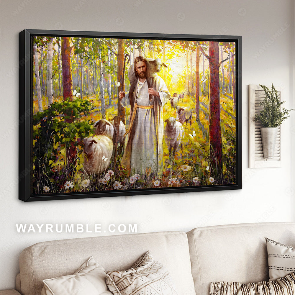 Lamb of God, Abstract Jesus painting, Green forest drawing, Daisy flower - Jesus Landscape Canvas Prints, Christian Wall Art