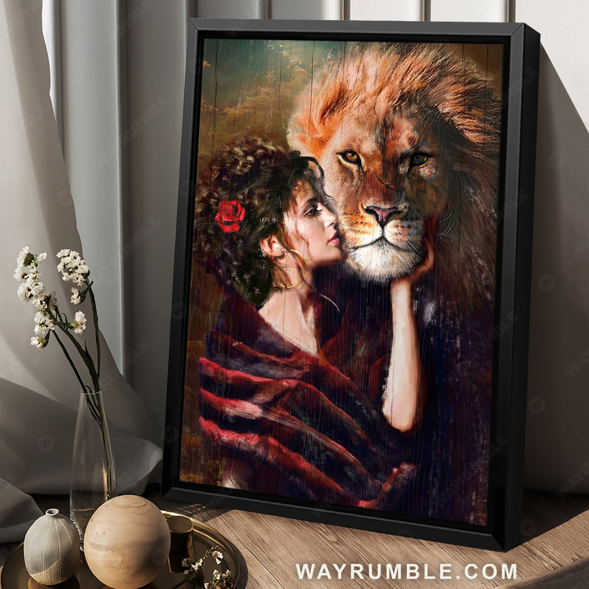 Awesome lion head, Lion of Judah, Beautiful woman, Red rose, Religious art - Jesus Portrait Canvas Prints, Christian Wall Art