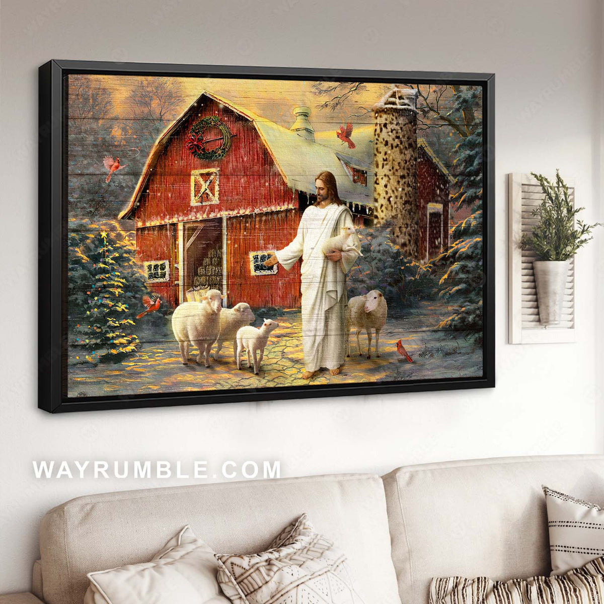 Farmhouse drawing, Christmas tree, Jesus painting, Lovely Lamb of God - Jesus Landscape Canvas Prints, Christian Wall Art