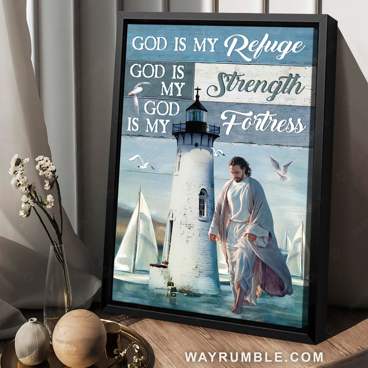 Blue ocean, Jesus painting, Lighthouse drawing, White seagulls, God is my Refuge - Jesus Portrait Canvas Prints, Christian Wall Art
