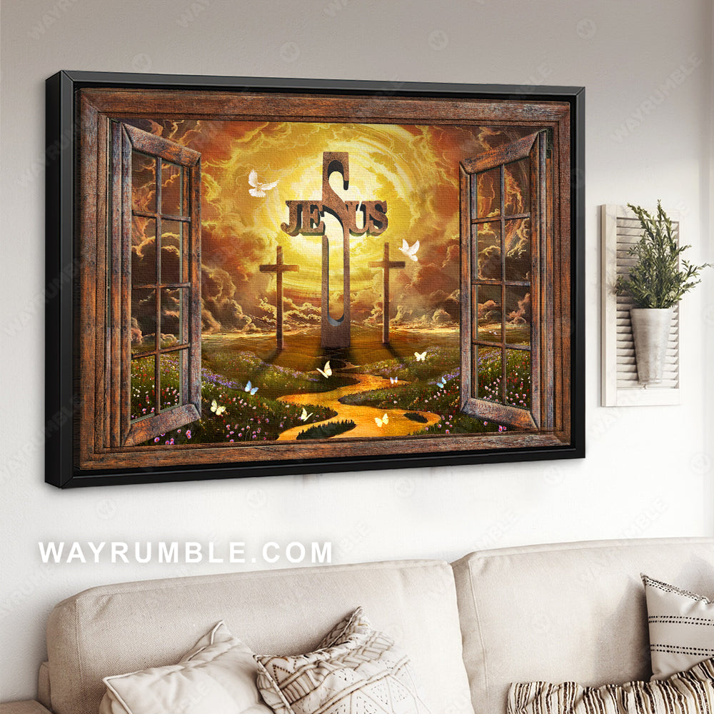 Beautiful sunset, Holy spirit dove, Amazing three crosses, Flower field - Jesus Landscape Canvas Prints, Home Decor Wall Art