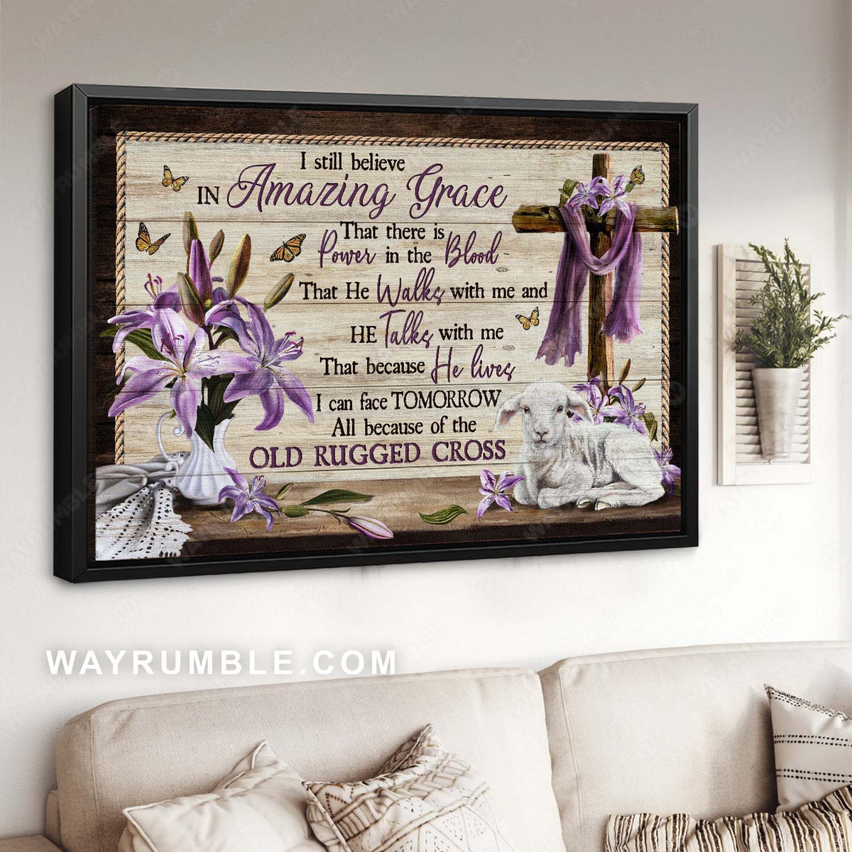 Awesome cross, Purple lily flower, Lamb of God, I still believe in amazing grace - Jesus Landscape Canvas Prints, Home Decor Wall Art