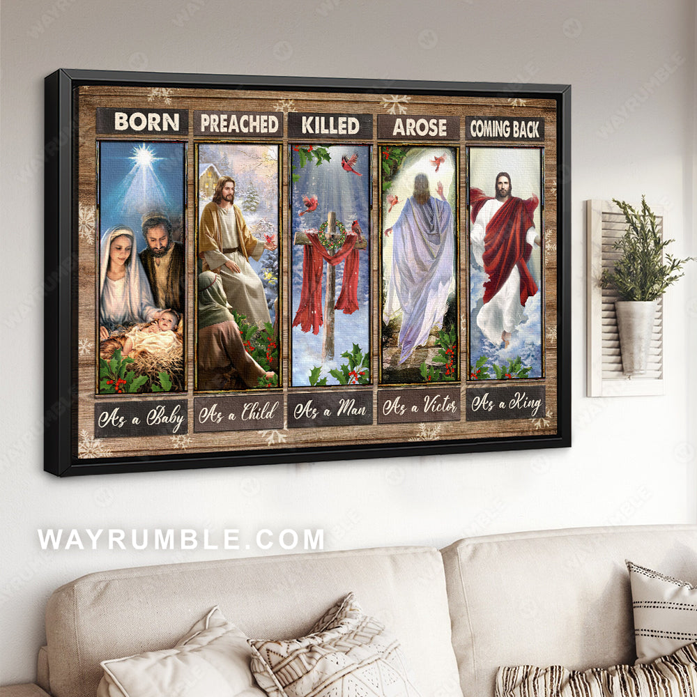 Birth of Jesus, Jesus painting, Red cardinal, Wooden cross, Coming back as a King - Jesus Landscape Canvas Prints, Christian Wall Art