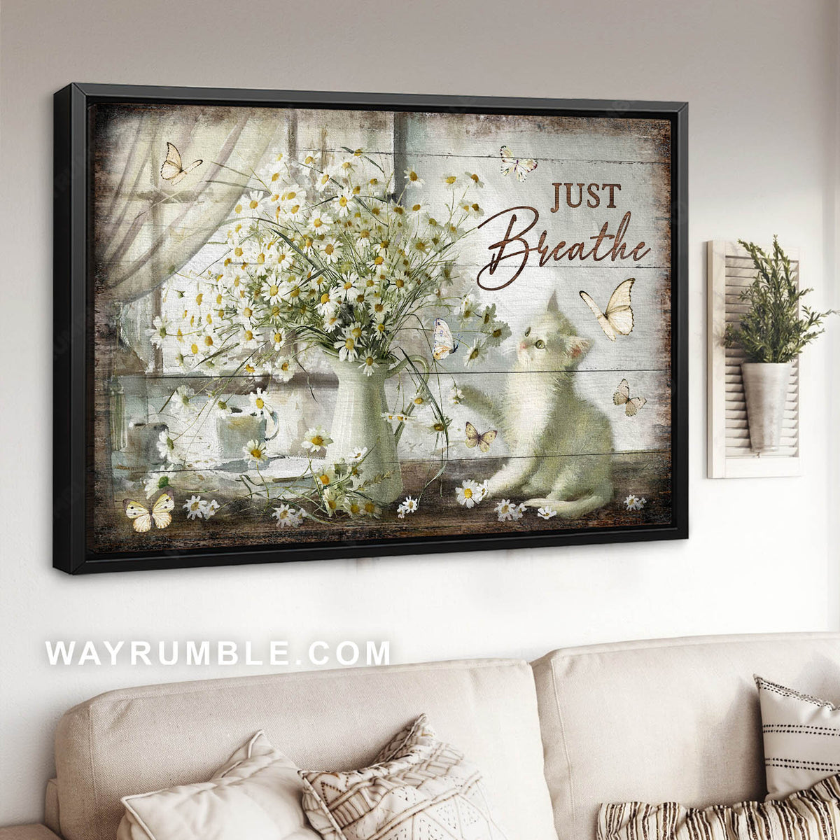 Vintage flower painting, Pretty daisy vase, Cute white kitten, Just breathe - Jesus Landscape Canvas Prints, Christian Wall Art