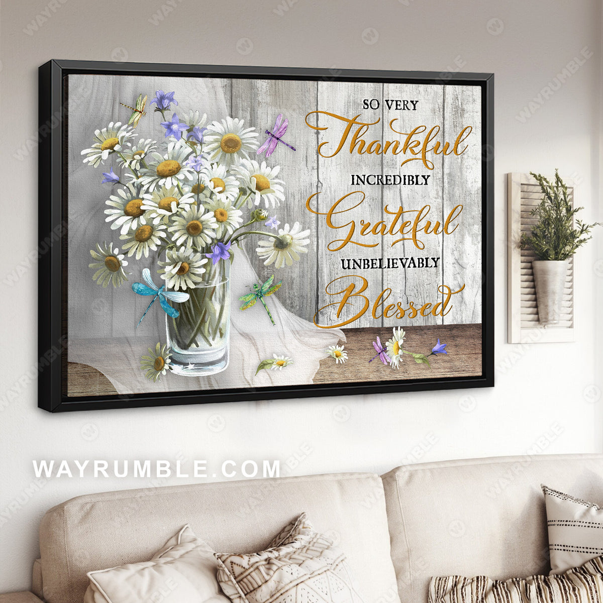 Colorful dragonflies, Daisy flowers, So very thankful, incredibly grateful, unbelievably blessed - Jesus Landscape Canvas Prints, Christian Wall Art