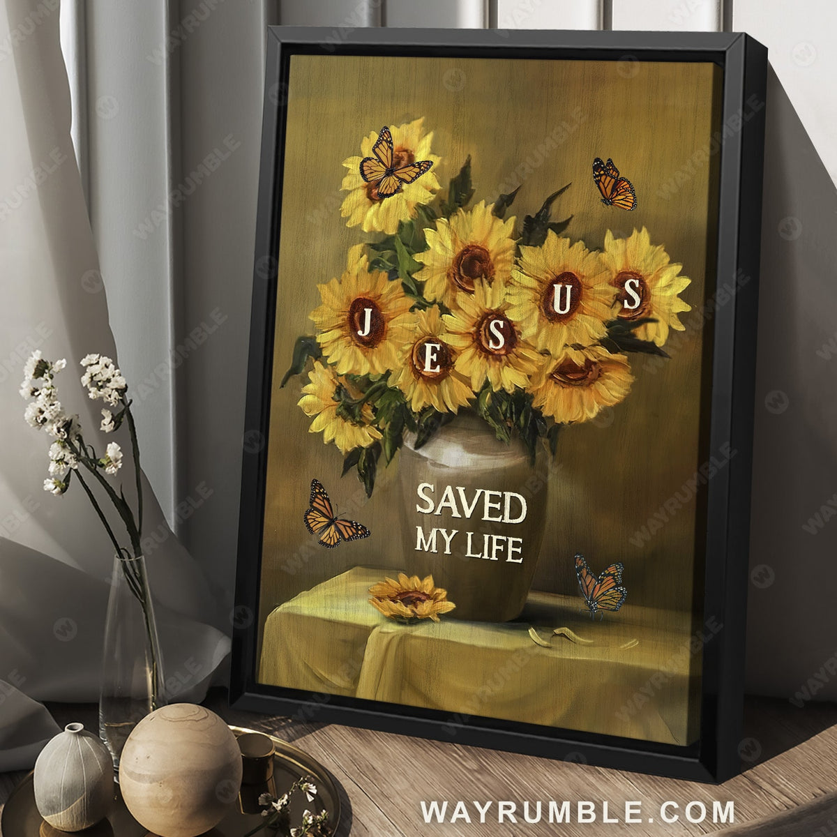 Sunflower painting, Flower vase, Monarch butterfly, Jesus saved my life - Jesus Portrait Canvas Prints, Christian Wall Art