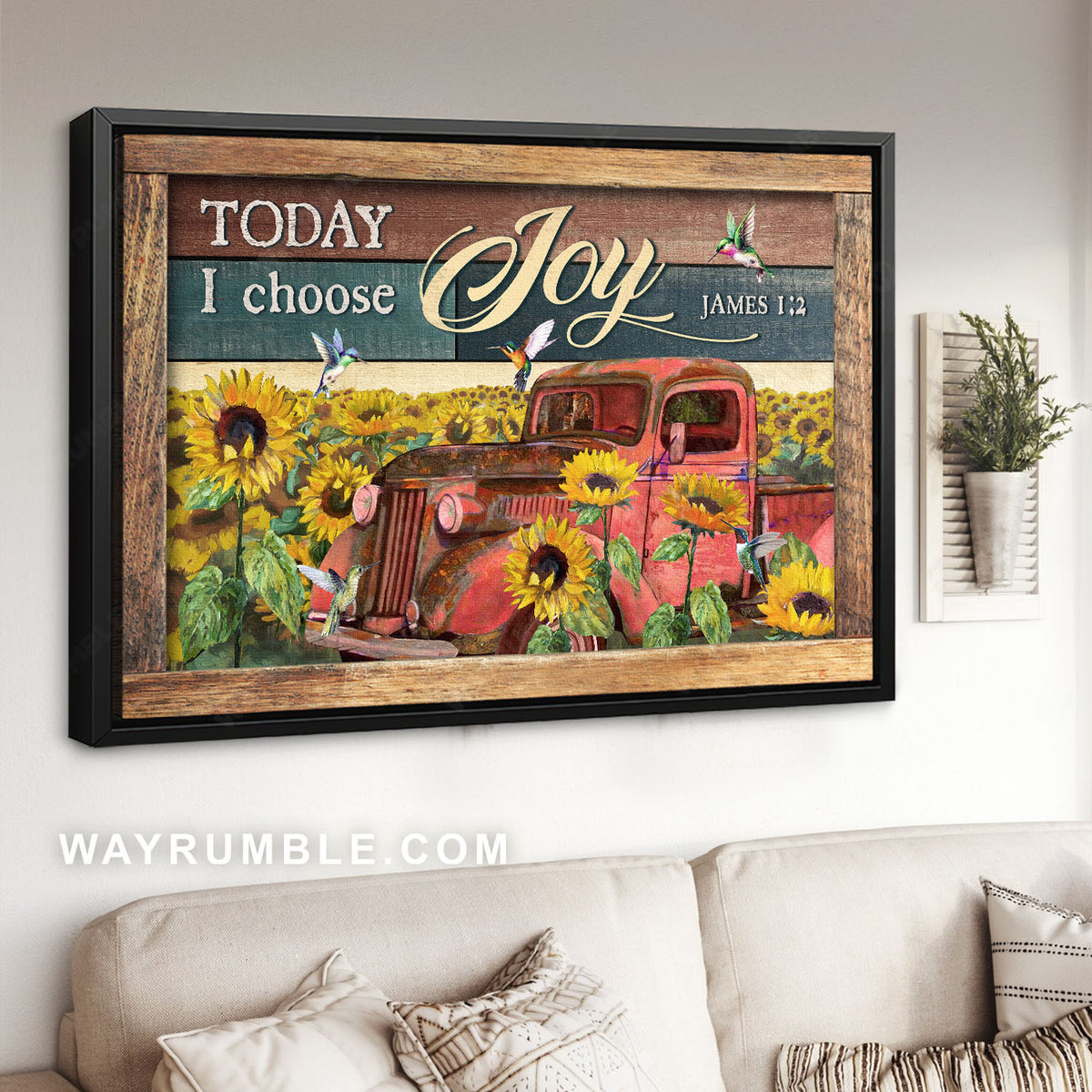 Hummingbird painting, Sunflower field, Red truck, Bible verse, Today I choose joy - Jesus Landscape Canvas Prints, Home Decor Wall Art