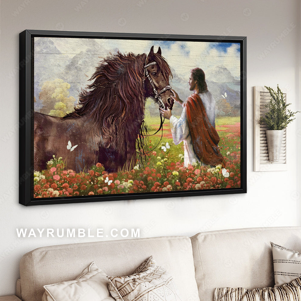 Awesome brown horse, Jesus painting, Flower field, In a peacefull valley - Jesus Landscape Canvas Prints, Christian Wall Art