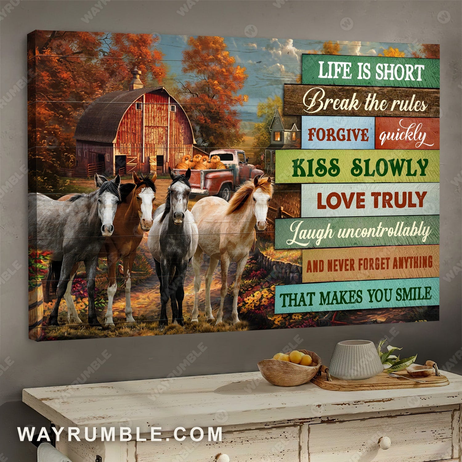 Horse, Farm, Autumn, Life is short, kiss slowly, love truly, laugh uncontrollably - Jesus Landscape Canvas Prints, Wall Art