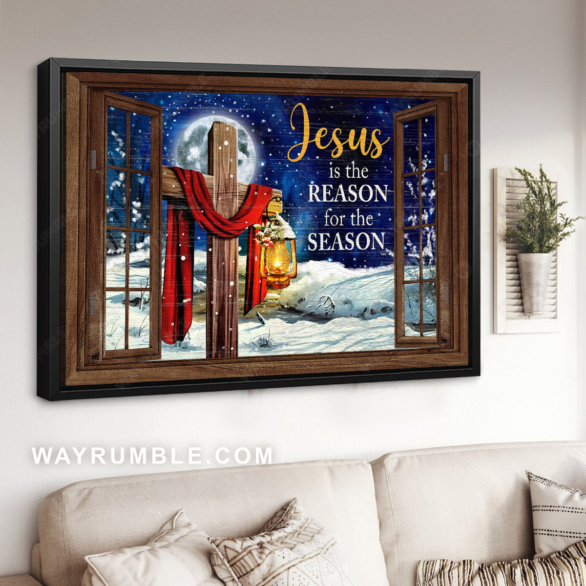 Beautiful snowfall, Wooden cross, Fullmoon, Jesus is the reason for the season - Jesus Landscape Canvas Prints, Home Decor Wall Art
