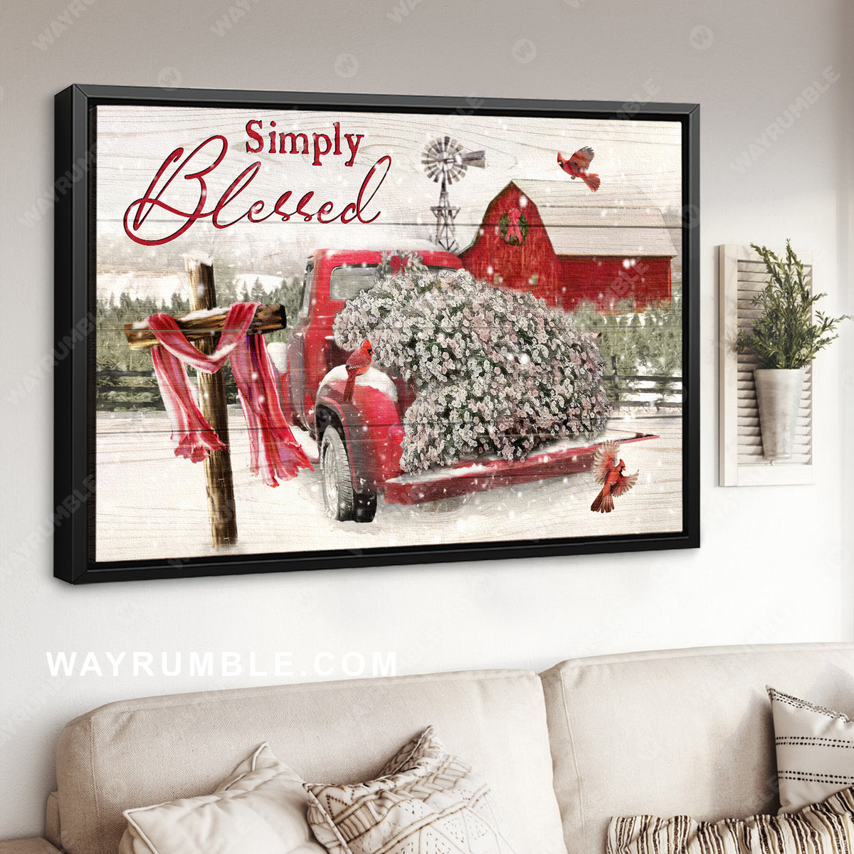 Awesome red truck, Snowy farm, Wooden cross, Red cardianal, Simply blessed - Jesus Landscape Canvas Prints, Home Decor Wall Art