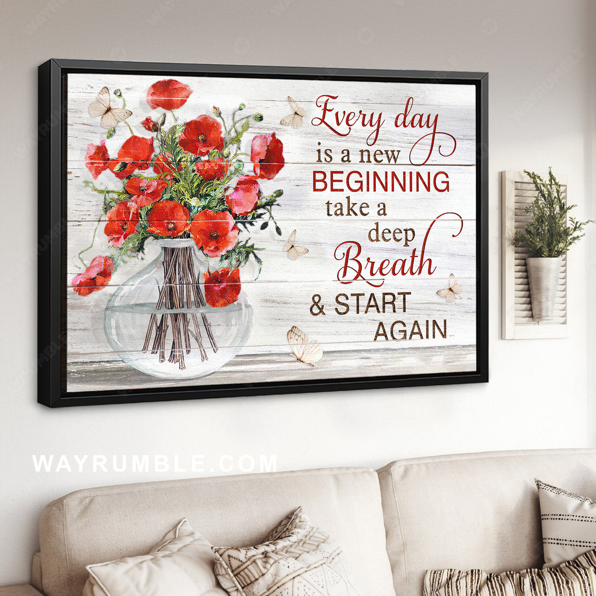 Glass vase, Poppy flower, White butterfly, Every day is a new beginning - Jesus Landscape Canvas Prints, Home Decor Wall Art