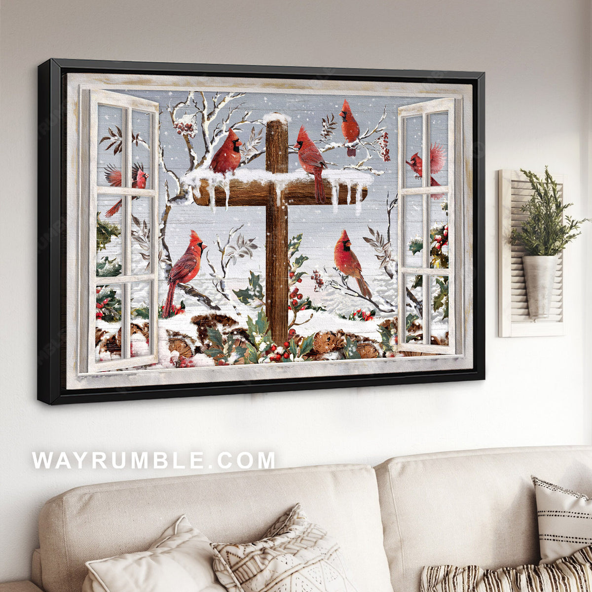 Amazing red cardinal, Wooden cross, Cranberry tree, Beautiful snowfall - Jesus Landscape Canvas Prints, Home Decor Wall Art