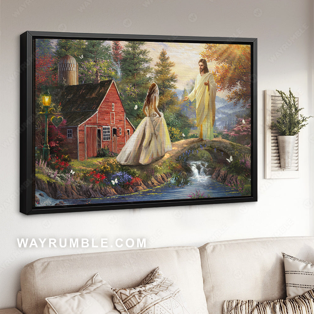 Beautiful scenery, Wonderful forest, Little red house, Come into his arms - Jesus Landscape Canvas Prints, Christian Wall Art