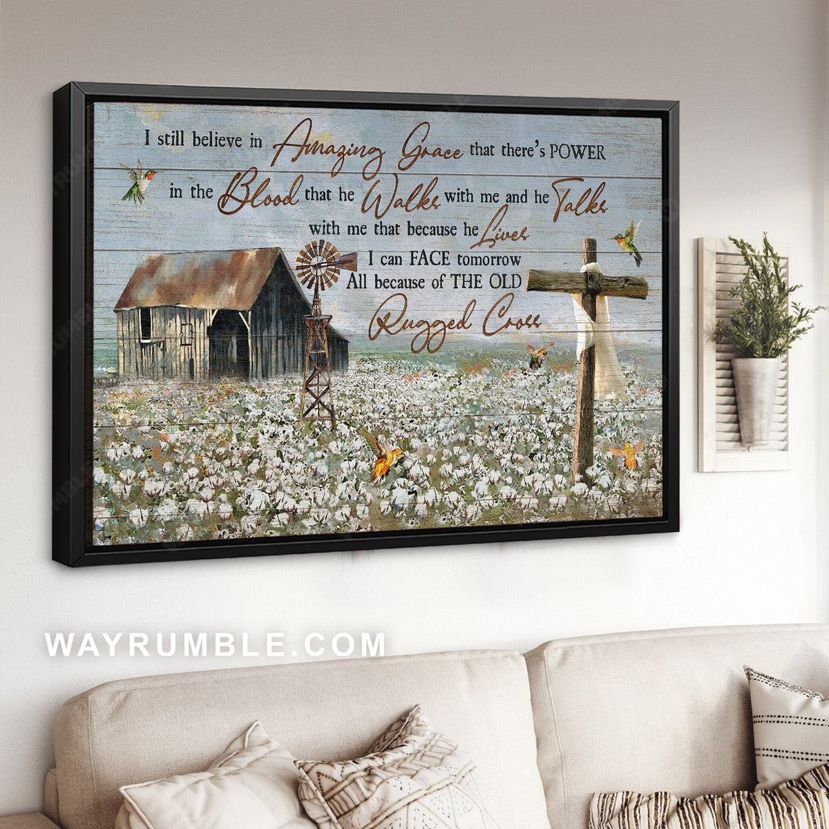 Antique farm house, Cotton flower, Wooden cross, I still believe in amazing grace - Jesus Landscape Canvas Prints, Home Decor Wall Art