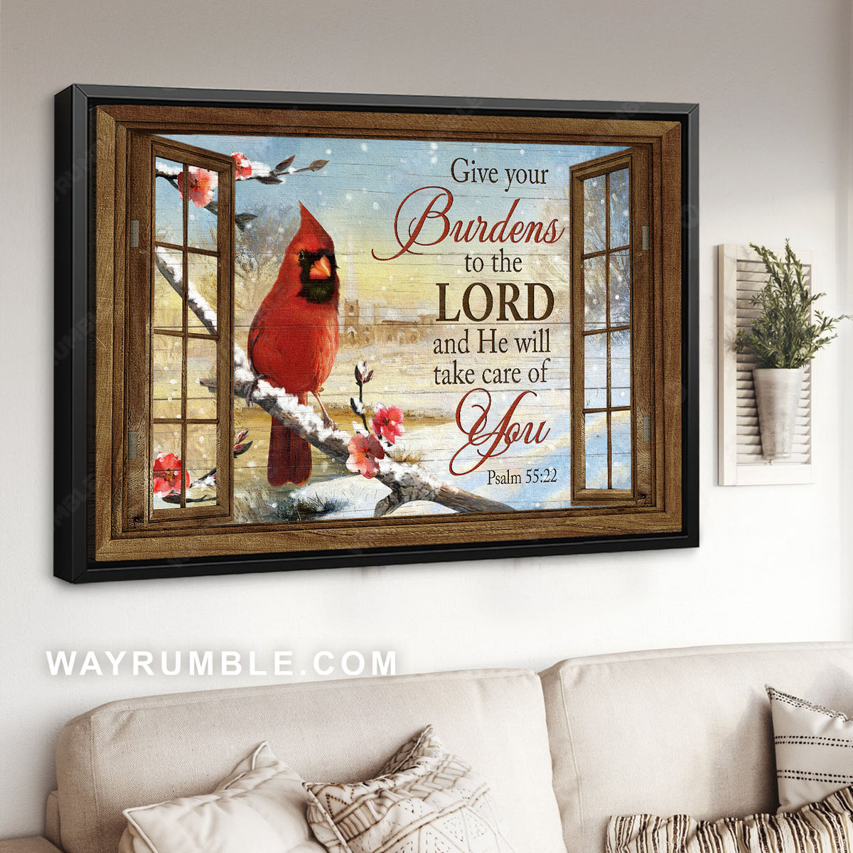 Beautiful snowfall, Red cardinal, Wood window, Give your burdens to the Lord - Jesus Landscape Canvas Prints, Home Decor Wall Art